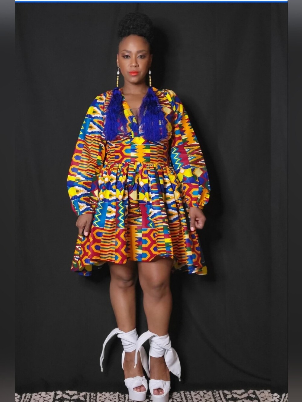 GRASS FIELDS African Print Ethnic Fit And Flare Hi-Lo Puff-Sleeve Dress US10